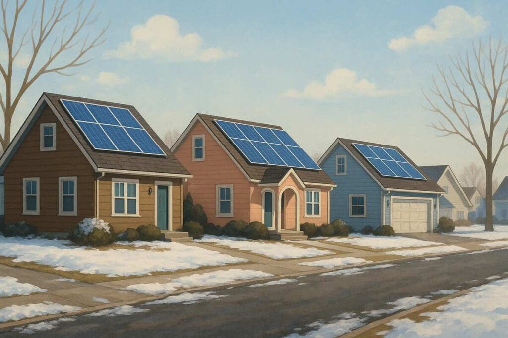Suburban street with houses with solar panels on roof and snow on ground